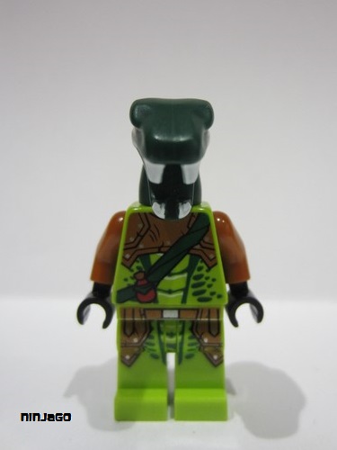 lego 2016 mini figurine njo217 Zoltar Serpentine Snake Warrior, Lime with Scales, Dark Orange Armor Coverings, Dark Green Strap with Red Vial 