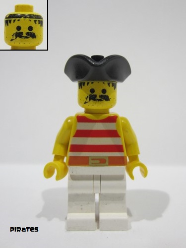 lego 1992 mini figurine pi039 Pirate Red / White Stripes Shirt, White Legs, Black Pirate Triangle Hat 