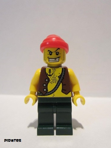 lego 2009 mini figurine pi130 Pirate Vest and Anchor Tattoo, Dark Green Legs, Red Bandana 