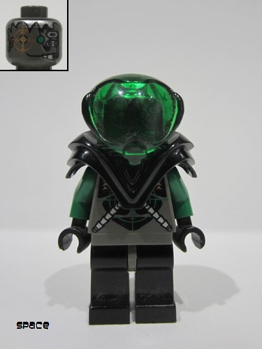 lego 1998 mini figurine sp027 Insectoids Zotaxian Alien Male, Gray and Green with Green Circuits and Silver Hoses, with Black Armor (Danny Longlegs / Corporal Steel) 