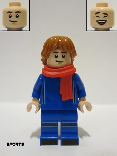 lego 2023 mini figurine soc160 Soccer Spectator Blue Soccer Uniform, Red Scarf, Dark Orange Hair 