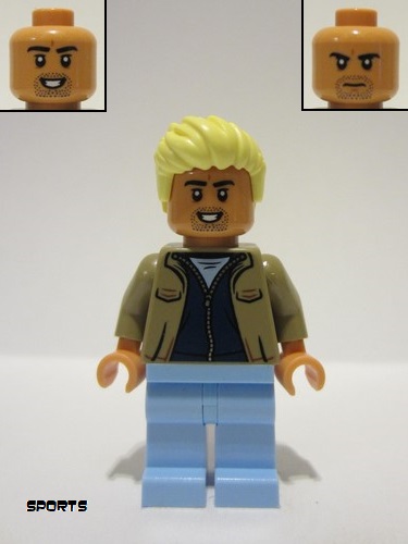 lego 2023 mini figurine soc164 Soccer Spectator Layered Dark Tan and Dark Blue Jackets, Bright Light Blue Legs, Bright Light Yellow Hair 