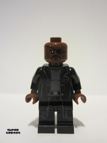 lego 2019 mini figurine sh0585a Nick Fury Gray Sweater and Black Trench Coat, Shirttail 
