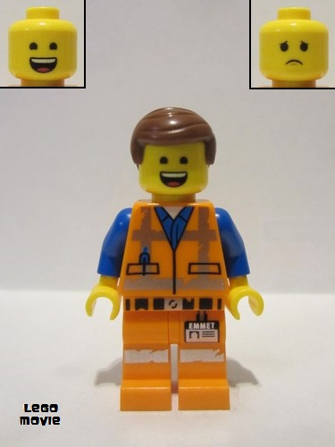 lego 2019 mini figurine tlm105 Emmet Wide Smile with Teeth and Tongue / Sad, Worn Uniform 