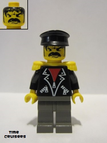 lego 1997 mini figurine tim001 Time Twisters Black Leather Jacket with Zippered Pockets over Red Shirt, Yellow Epaulettes (Tony Twister / Baron Blomberg) 