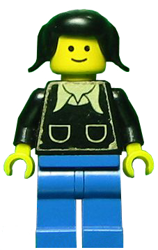 lego 1978 mini figurine twn018 Patron Black Torso with Pockets and Collar (Torso Sticker), Blue Legs, Black Pigtails Hair 