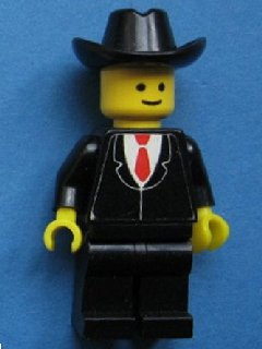 lego 1978 mini figurine twn019s2 Patron Black Suit with Red Tie (Torso Sticker), Black Legs, Black Cowboy Hat 
