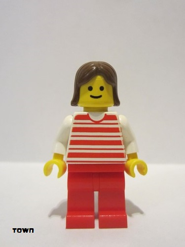 lego 1986 mini figurine hor021 Citizen Horizontal Lines Red - White Arms - Red Legs, Brown Female Hair 