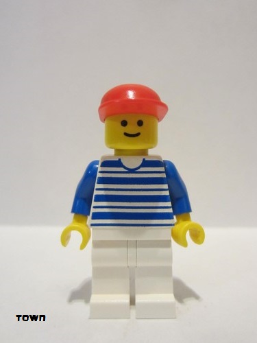 lego 1987 mini figurine hor003 Citizen Horizontal Lines Blue - Blue Arms - White Legs, Red Cap 