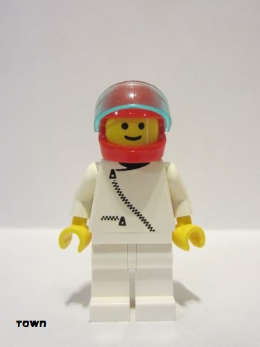 lego 1989 mini figurine zip006 Citizen Jacket with Zipper - White, White Legs, Red Helmet, Trans-Light Blue Visor 