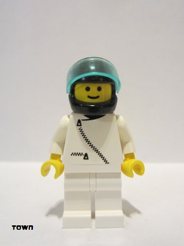 lego 1989 mini figurine zip007 Citizen Jacket with Zipper - White, White Legs, Black Helmet, Trans-Light Blue Visor 