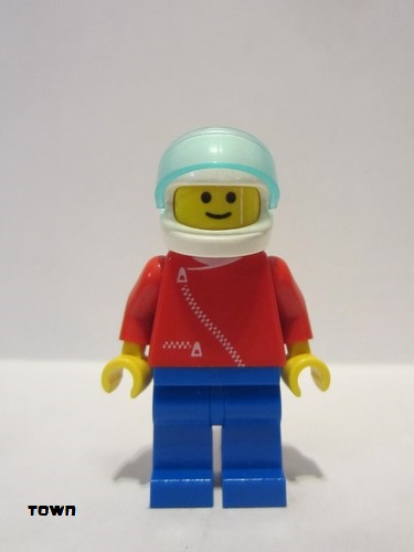 lego 1989 mini figurine zip013 Citizen Jacket with Zipper - Red, Blue Legs, White Helmet, Trans-Light Blue Visor 