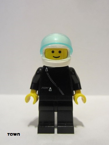 lego 1989 mini figurine zip020 Citizen Jacket with Zipper - Black, Black Legs, White Helmet, Trans-Light Blue Visor 