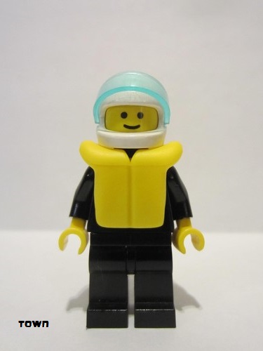 lego 1990 mini figurine pln047 Citizen Plain Black Torso with Black Arms, Black Legs, White Helmet, Trans-Light Blue Visor, Life Jacket 