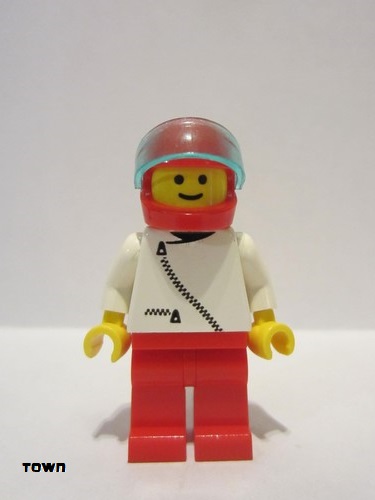 lego 1990 mini figurine zip023 Citizen Jacket with Zipper - White, Red Legs, Red Helmet, Trans-Light Blue Visor 