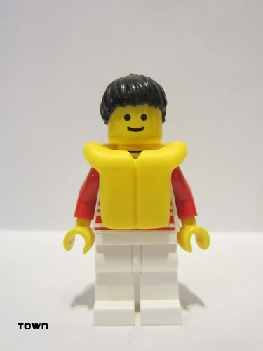 lego 1992 mini figurine hor022 Citizen Horizontal Lines Red - Red Arms - White Legs, Black Ponytail Hair, Life Jacket 