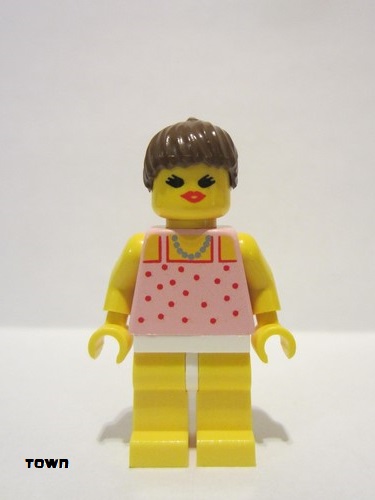 lego 1992 mini figurine par017 Citizen Red Dots on Pink Shirt - Yellow Legs, Brown Ponytail Hair, Open Mouth 