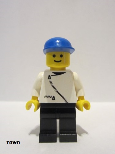 lego 1992 mini figurine zip017 Citizen Jacket with Zipper - White, Black Legs, Blue Cap 