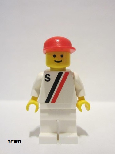 lego 1993 mini figurine s008 Citizen 'S' - White with Red / Black Stripe, White Legs, Red Cap 