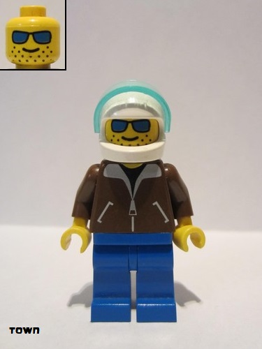 lego 1994 mini figurine jbr001 Helicopter Pilot Brown Jacket, Blue Legs, White Helmet, Trans-Light Blue Visor 