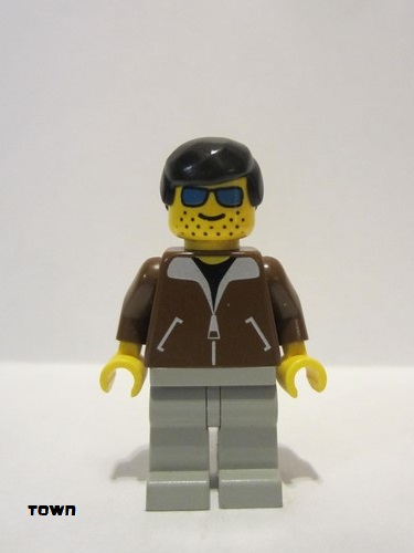 lego 1994 mini figurine jbr009 Citizen Jacket Brown - Light Gray Legs, Black Male Hair, Blue Sunglasses 