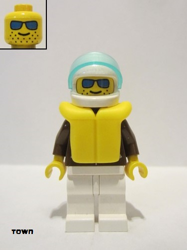 lego 1994 mini figurine jbr011 Citizen Jacket Brown - White Legs, White Helmet, Trans-Light Blue Visor, Blue Sunglasses, Life Jacket 