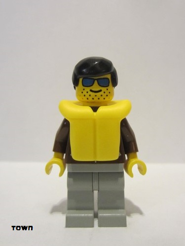 lego 1994 mini figurine jbr012 Citizen Jacket Brown - Light Gray Legs, Black Male Hair, Life Jacket 