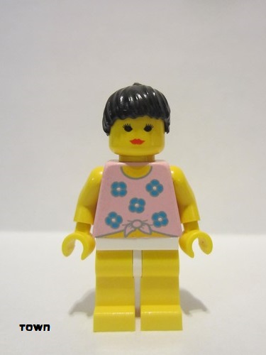 lego 1994 mini figurine par004 Citizen Blue Flowers - Yellow Legs, Black Ponytail Hair 