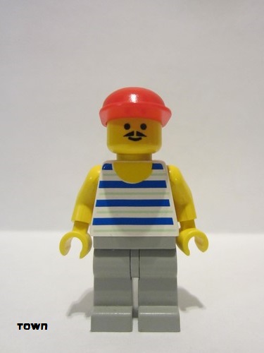 lego 1994 mini figurine par047 Citizen Horizontal Blue and Light Green Stripes, Light Gray Legs, Red Cap 