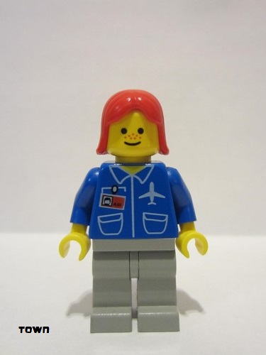 lego 1996 mini figurine air016 Airport Blue, Light Gray Legs, Red Female Hair 