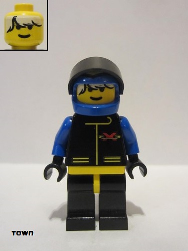 lego 1998 mini figurine ext001a Extreme Team Blue, Blue Flame Helmet, White Bangs Messy Hair 