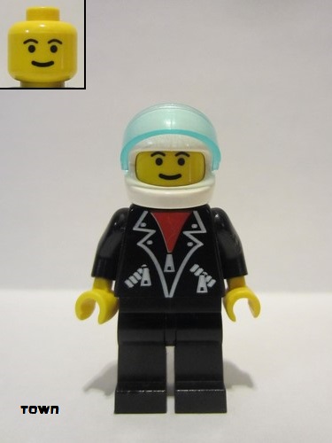 lego 1998 mini figurine trn108 Citizen Leather Jacket with Zippers - Black Legs, White Helmet 