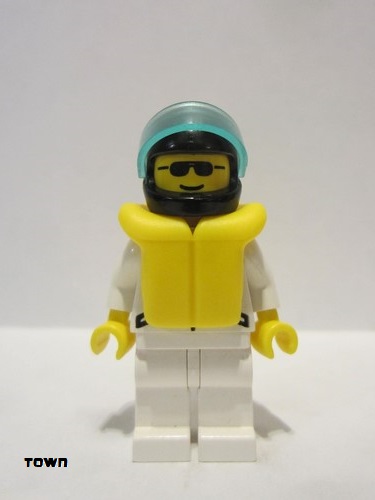 lego 1999 mini figurine jstr010 Citizen Jacket 2 Stars White - White Legs, Black Helmet, Trans-Light Blue Visor, Life Jacket 