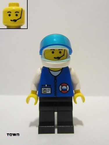 lego 1999 mini figurine res011 Coast Guard City Center White Collar & Arms, Black Legs, White Helmet, Trans-Dark Blue Visor, Microphone 