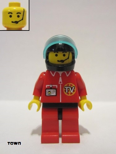 lego 1999 mini figurine twn025 Citizen TV Logo in Globe on Red Jacket, Red Legs with Black Hips, Headset Pattern 