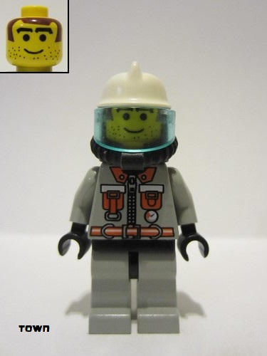 lego 2000 mini figurine firec014 Fire City Center 5, Light Gray Legs with Black Hips, White Fire Helmet, Airtanks 