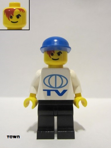 lego 2000 mini figurine soc048 Citizen TV Logo Large Pattern, Black Legs, Blue Cap 