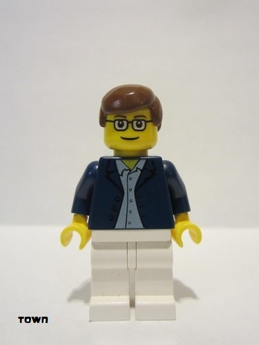 lego 2003 mini figurine game007 Citizen Dark Blue Jacket, Light Blue Shirt, White Legs, Square Glasses, Brown Male Hair 