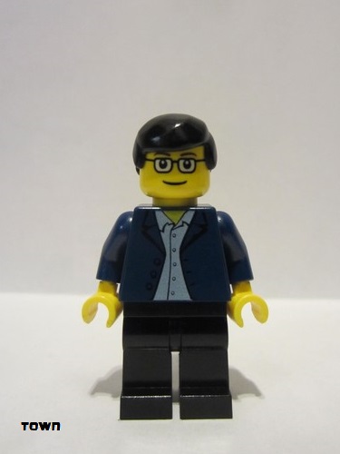 lego 2003 mini figurine twn020 Citizen Dark Blue Jacket, Light Blue Shirt, Black Legs, Square Glasses, Black Male Hair 