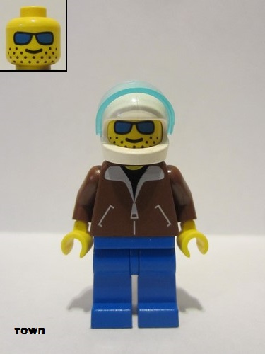 lego 2004 mini figurine jbr001a Helicopter Pilot Reddish Brown Jacket, Blue Legs, White Helmet, Trans-Light Blue Visor 