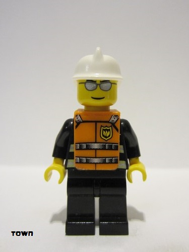 lego 2004 mini figurine wc016s Fire Reflective Stripes, Black Legs, White Fire Helmet, Silver Sunglasses, Orange Vest with Straps and Fire Logo and 'FIRE' Pattern (Stickers) 