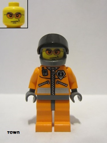 lego 2004 mini figurine wc018a Coast Guard World City Orange Jacket with Zipper, Orange Sunglasses, Dark Bluish Gray Helmet, Dark Bluish Gray Hands 