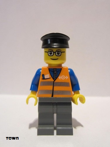 lego 2005 mini figurine trn120 Citizen Orange Vest with Safety Stripes - Dark Bluish Gray Legs, Glasses, Black Hat 