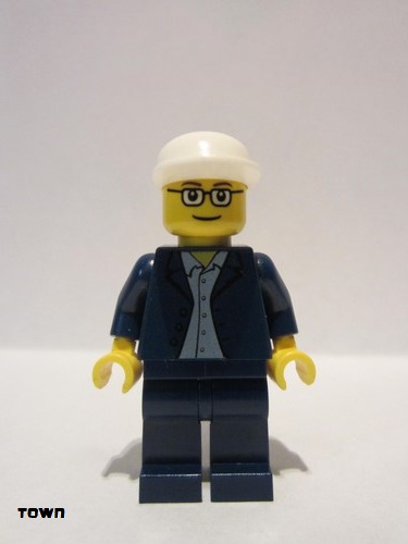 lego 2005 mini figurine twn023 Citizen Dark Blue Jacket, Light Blue Shirt, Dark Blue Legs, Square Glasses, White Cap 