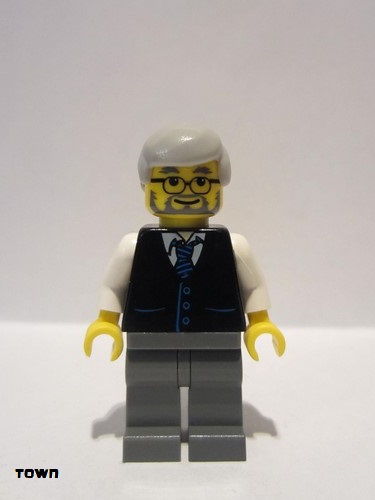 lego 2006 mini figurine twn028 Citizen Black Vest with Blue Striped Tie, Dark Bluish Gray Legs, White Arms, Light Bluish Gray Male Hair, Glasses 