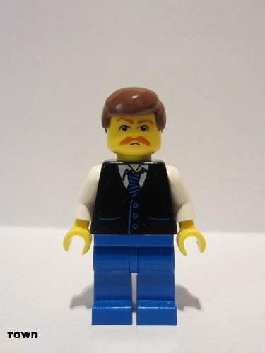 lego 2006 mini figurine twn033 Citizen Black Vest with Blue Striped Tie, Blue Legs, White Arms, Reddish Brown Male Hair, Moustache 