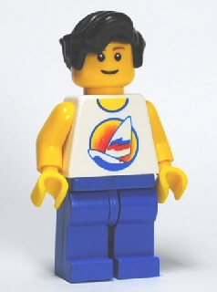 lego 2006 mini figurine twn127 Surfboard on Ocean Blue Legs, Black Male Hair Wavy 