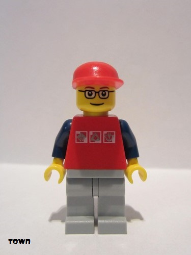 lego 2007 mini figurine cty0060 Citizen Red Shirt with 3 Silver Logos, Dark Blue Arms, Light Bluish Gray Legs, Glasses 