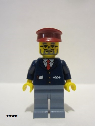 lego 2007 mini figurine trn138 Conductor Dark Blue Suit with Train Logo, Sand Blue Legs, Dark Red Hat 