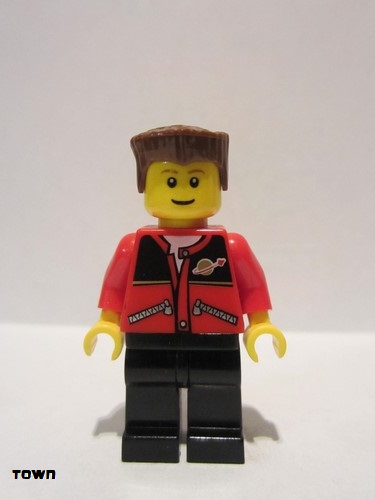 lego 2007 mini figurine trn140 Citizen Red Jacket with Zipper Pockets and Classic Space Logo, Black Legs, Reddish Brown Flat Top Hair 